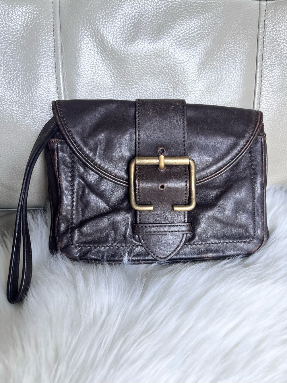 Brooks Brothers Brown Leather Wristlet Clutch Mini Purse Brass Buckle Distressed